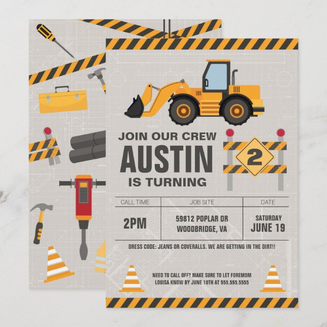 Invitation Anniversaire de enfant de l'équipe de construction (Devant / Derrière)