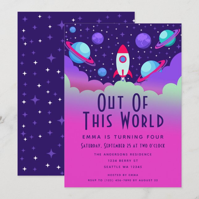 Invitation Anniversaire de enfant de l'espace extra-atmosphér (Devant / Derrière)