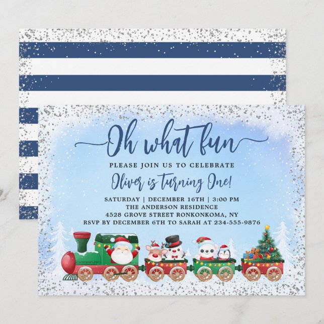 Invitation Anniversaire de enfant de Noël Silver Blue Santa C (Devant / Derrière)