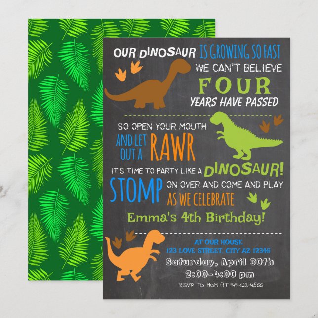 Invitation Anniversaire de enfant de petit dinosau (Devant / Derrière)