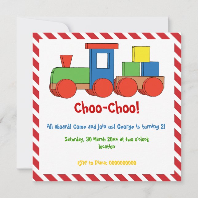 Invitation Anniversaire de enfant de train rouge, rayures bla (Devant)