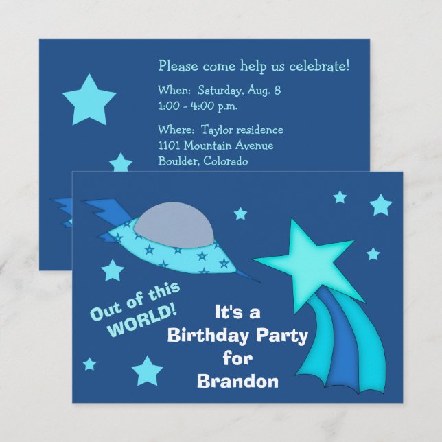 Invitation Anniversaire de enfant de vaisseau spatial (Devant / Derrière)