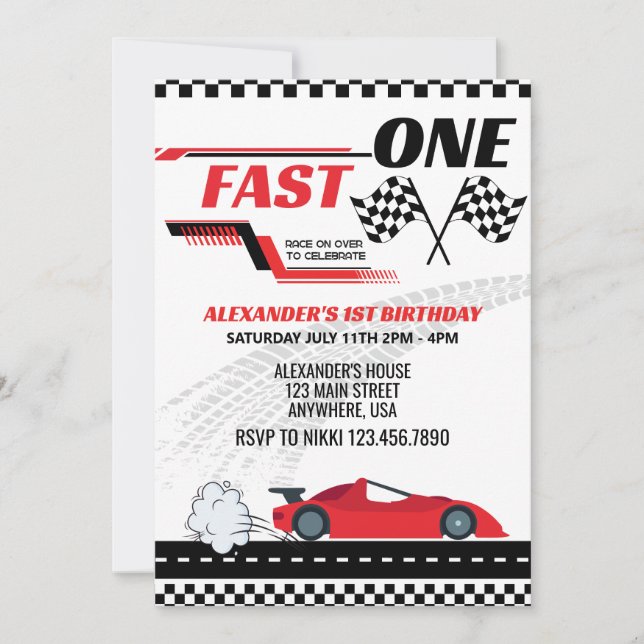 Invitation Anniversaire de enfant de voiture de course rouge  (Devant)