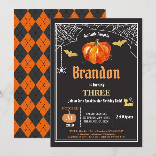 Invitation anniversaire de enfant d'Halloween. Noi (Devant / Derrière)