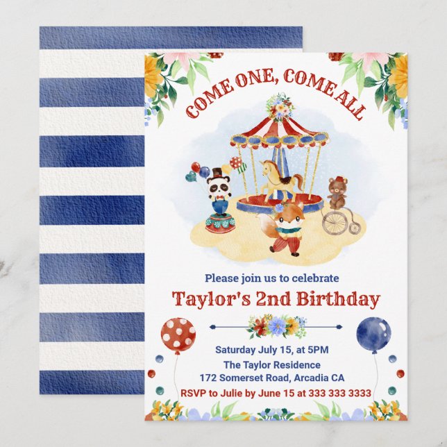 Invitation Anniversaire de enfant du Carnaval de cirque d'aqu (Devant / Derrière)