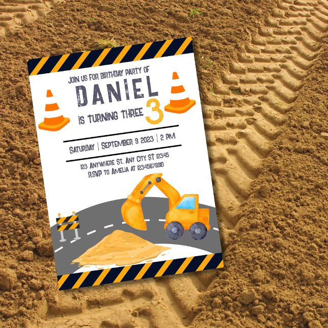 Invitation Anniversaire de enfant du cône de construction de  (Excavator Construction Cone Kids Birthday Party Invitation (front side))