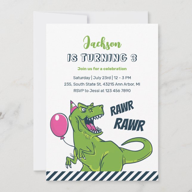 Invitation Anniversaire de enfant du parti T-Rex Dinosaur Raw (Devant)