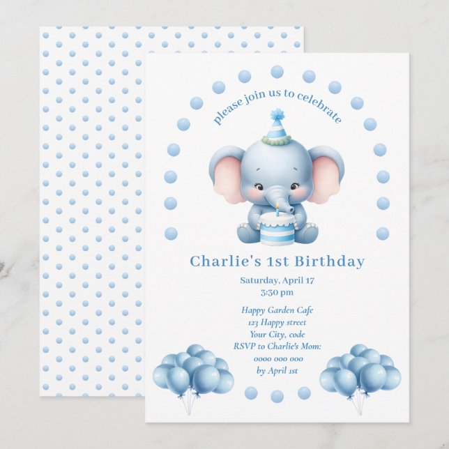 Invitation Anniversaire de enfant Eléphant bleu mignon (Devant / Derrière)