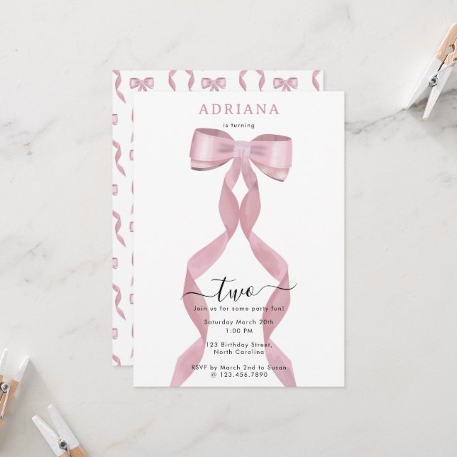 Invitation Anniversaire de enfant Fancy Pink Bow (Devant/Arrière en situation)