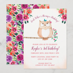 Invitation Anniversaire de enfant Floral Owl