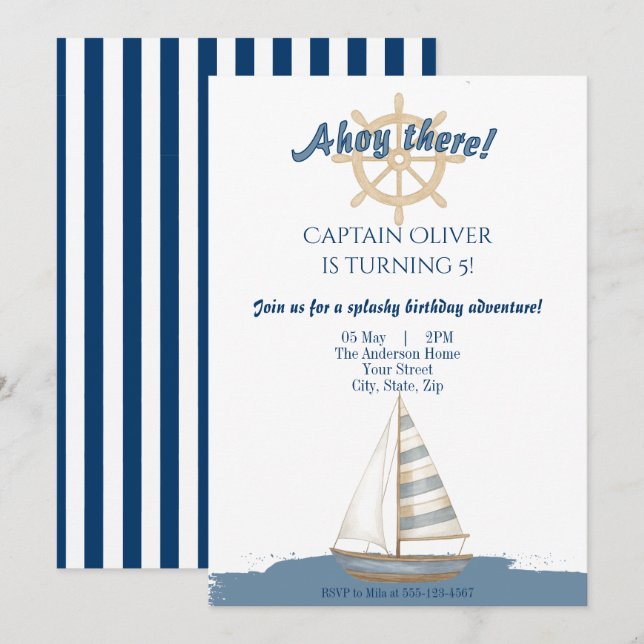 Invitation Anniversaire de enfant nautique | Bateau bleu et b (Devant / Derrière)