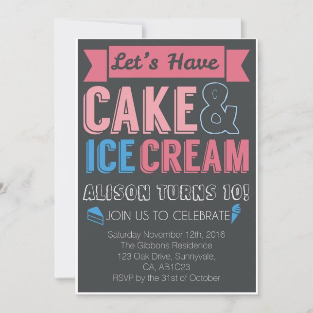 Invitation Anniversaire de enfant Party Cake Ice crème Invita (Devant)