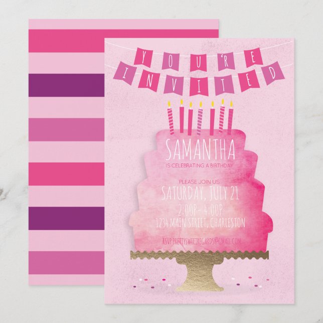 Invitation Anniversaire de enfant - Plutôt Rose (Devant / Derrière)