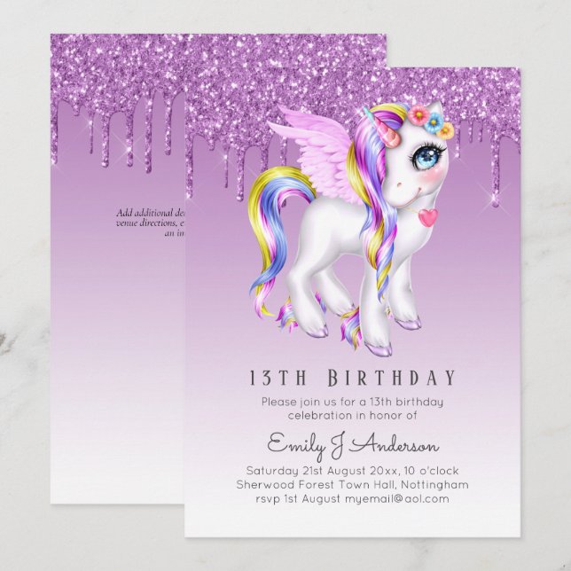 Invitation Anniversaire de enfant Purple Unicorn numérique ou (Devant / Derrière)