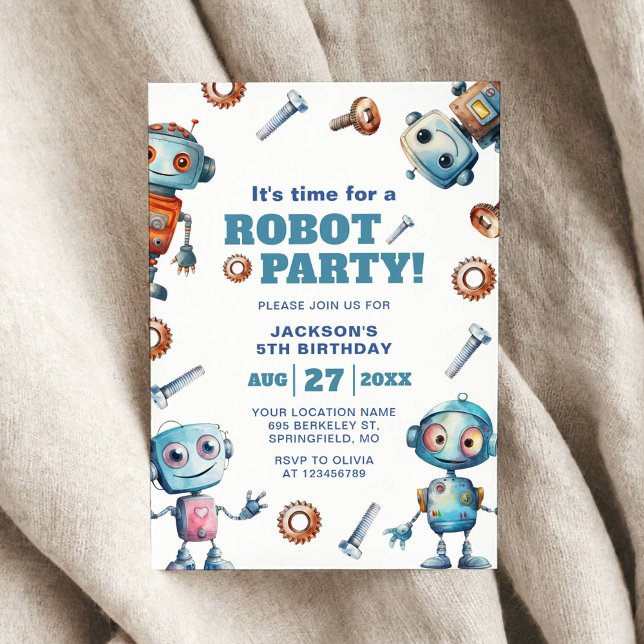 Invitation Anniversaire de enfant robot de découpe aquarelle (Créateur téléchargé)