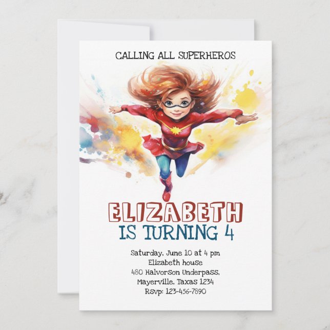 Invitation anniversaire de enfant super fille (Devant)
