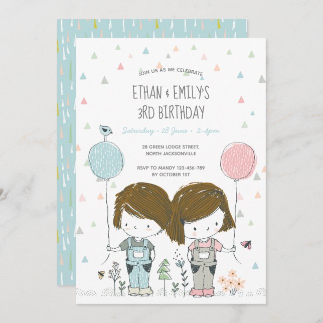 Invitation Anniversaire de enfant Twins (Devant / Derrière)