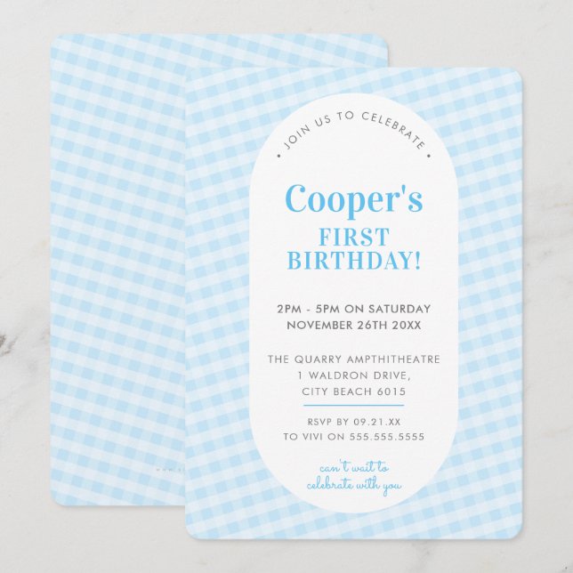 Invitation ANNIVERSAIRE DE ENFANT vintage en vichy motif bleu (Devant / Derrière)