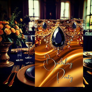 Invitation Anniversaire de fête Caramel Or Soie Noir Bleu Jeu