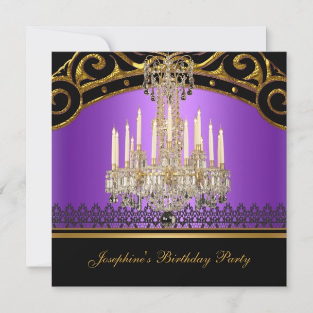 Invitation Anniversaire de fête Gold Purple Chandelier noir v (Devant)