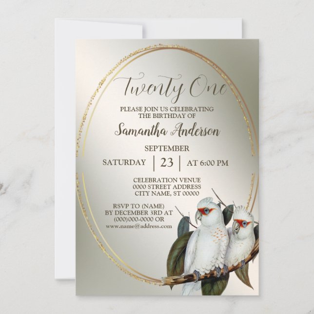 Invitation Anniversaire de fête Oiseaux blancs Cockatoo Feuil (Devant)