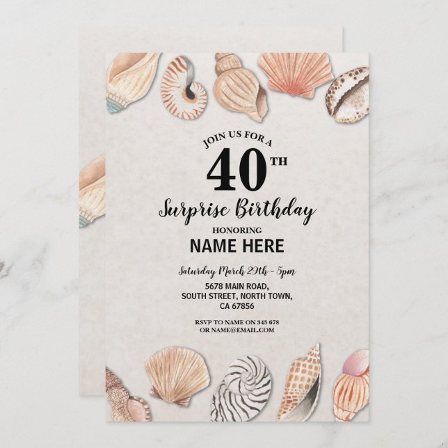 Invitation Anniversaire de fête Shells Ocean Beach Sea Mens F (Devant / Derrière)