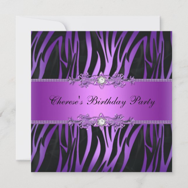 Invitation Anniversaire de fête violet noir zèbre diamant (Devant)