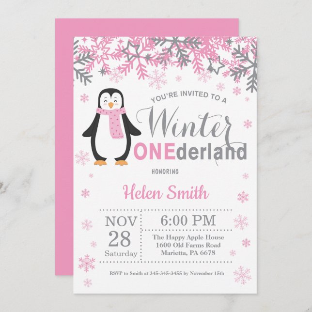 Invitation Anniversaire de fille de pingouin d'Onederland (Devant / Derrière)
