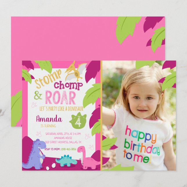 Invitation Anniversaire De Fille Dinosaure Rose Av (Devant / Derrière)