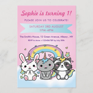 Invitation Anniversaire de filles en pastel d'animaux de
