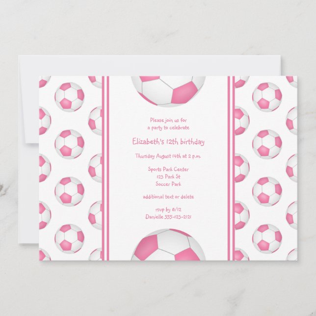 Invitation anniversaire de football de fille blanche rose ou  (Devant)