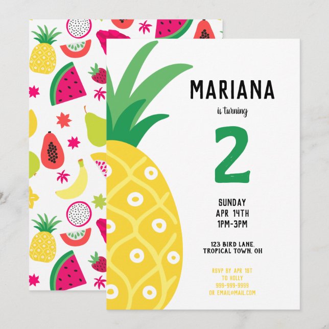 Invitation Anniversaire de Fruits Tutti à l'ananas (Devant / Derrière)