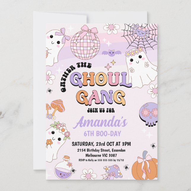 Invitation Anniversaire de Ghoul Gang d'Halloween rose violet (Devant)