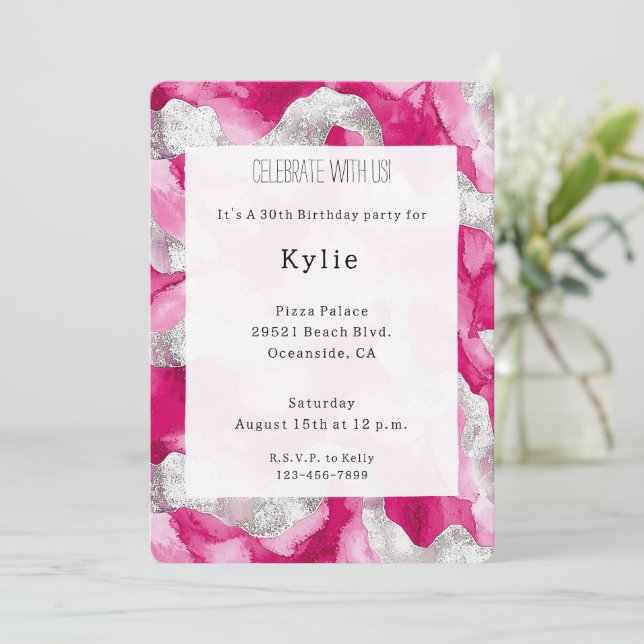 Invitation Anniversaire de Glam en argent rose (Debout devant)