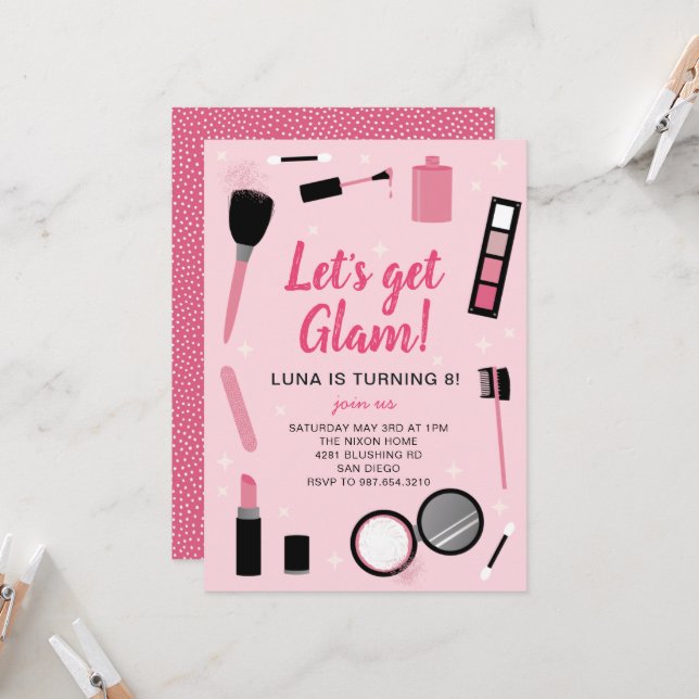 Invitation Anniversaire de Glamor de maquillage ro (Devant/Arrière en situation)