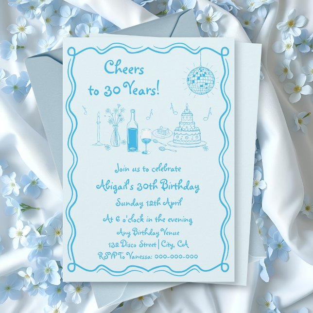 Invitation Anniversaire de gribouillis bleu d'aqua rétro (Créateur téléchargé)