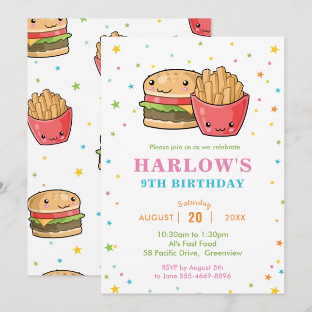 Invitation Anniversaire de Kawaii Cute, Fille du Burger Party (Devant / Derrière)