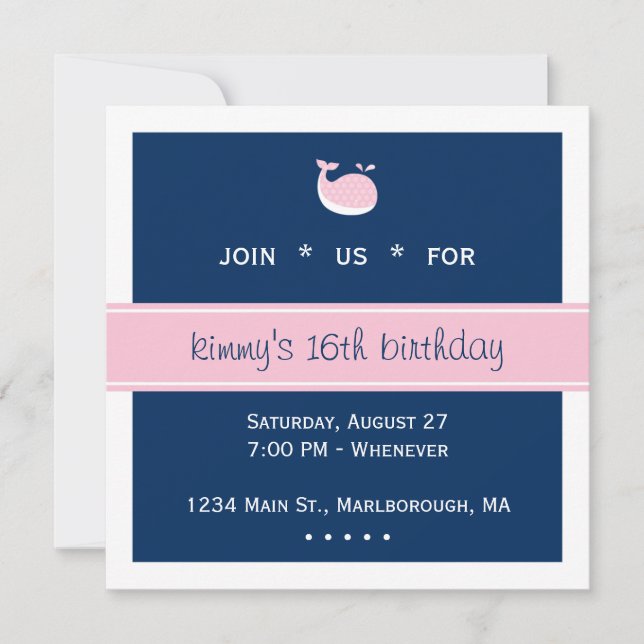 Invitation Anniversaire de la baleine rose (Devant)