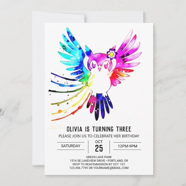 Invitation Anniversaire de la Chouette numérique Pastel Simpl (Devant)