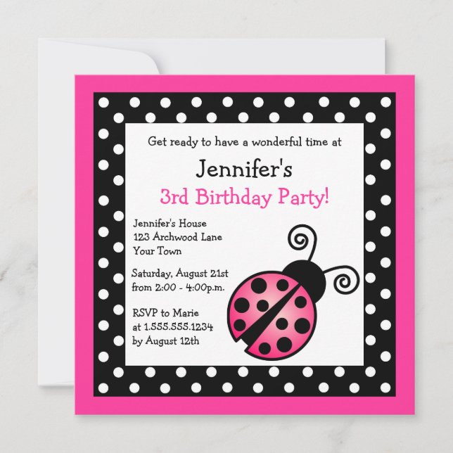 Invitation Anniversaire de la coccinelle rose - Pois noirs et (Devant)