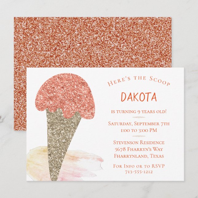 Invitation Anniversaire de la crème glacée | Parti d'or Rose  (Devant / Derrière)