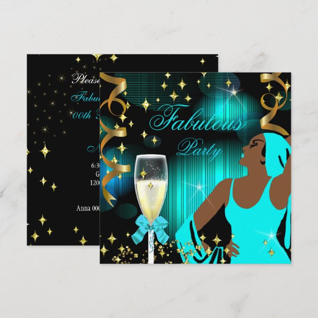 Invitation Anniversaire de la Diva au Glitter Bleu Turquoise  (Devant / Derrière)