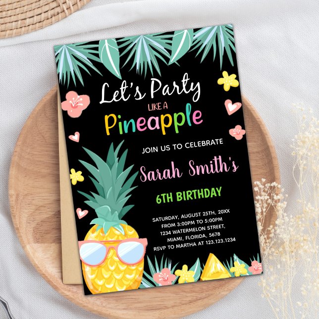 Invitation Anniversaire de la fête de l'ananas noir SunGlass (SunGlass Black Pineapple Party Birthday Invitation)