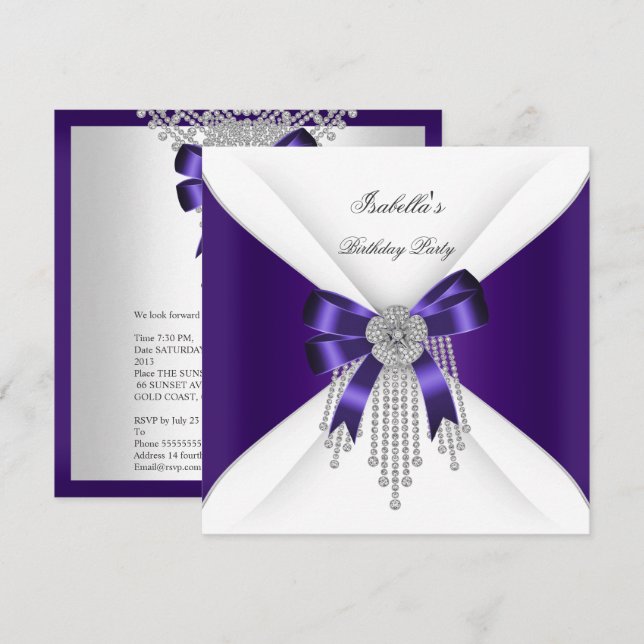 Invitation Anniversaire de la fête de violet Bow argent diama (Devant / Derrière)