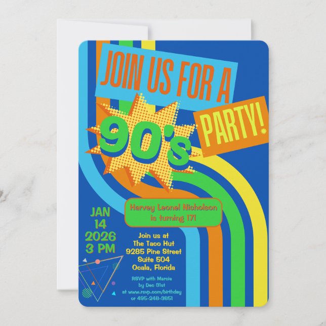 Invitation Anniversaire de la fête des années 90 Bleu brillan (Devant)