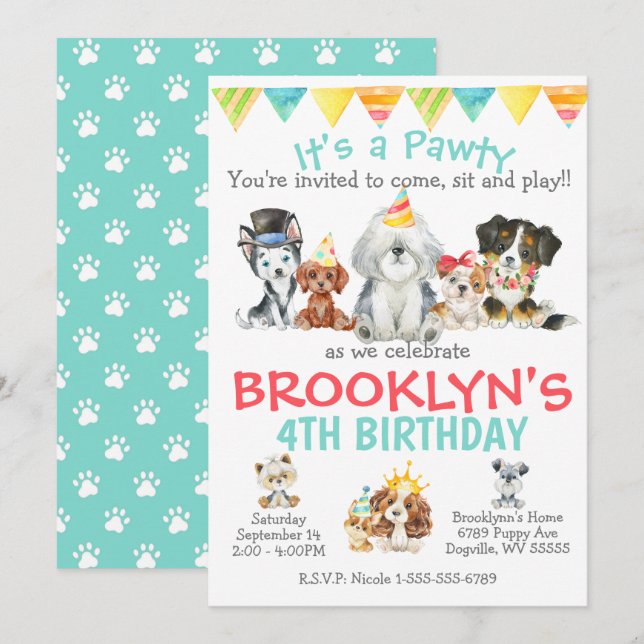 Invitation Anniversaire de la fête des chiots (Devant / Derrière)