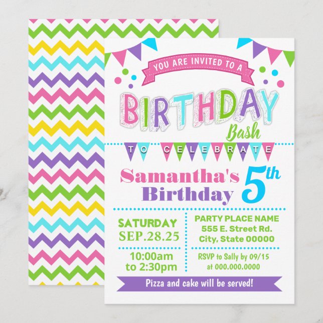 Invitation Anniversaire de la fête des enfants de Bash Pink T (Devant / Derrière)
