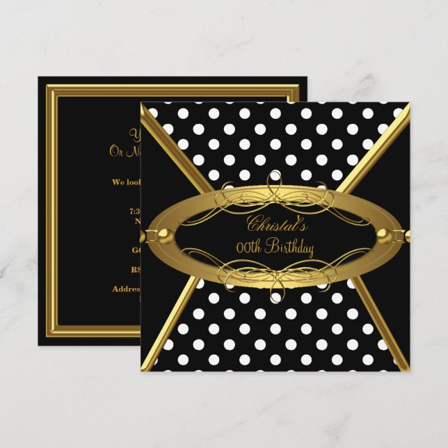 Invitation Anniversaire de la fête d'or noir blanc Polka poin (Devant / Derrière)