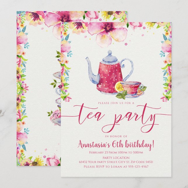 Invitation Anniversaire de la fête du thé à la florale rose (Devant / Derrière)