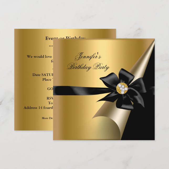 Invitation Anniversaire de la fête Gold Black Bow Diamond Ima (Devant / Derrière)
